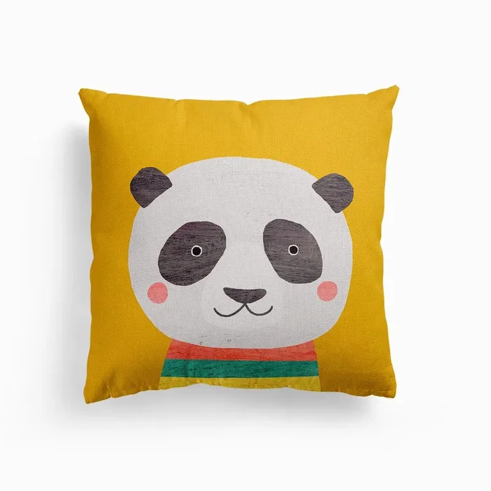 Panda Mustard Canvas Cushion by Kate McFarlane