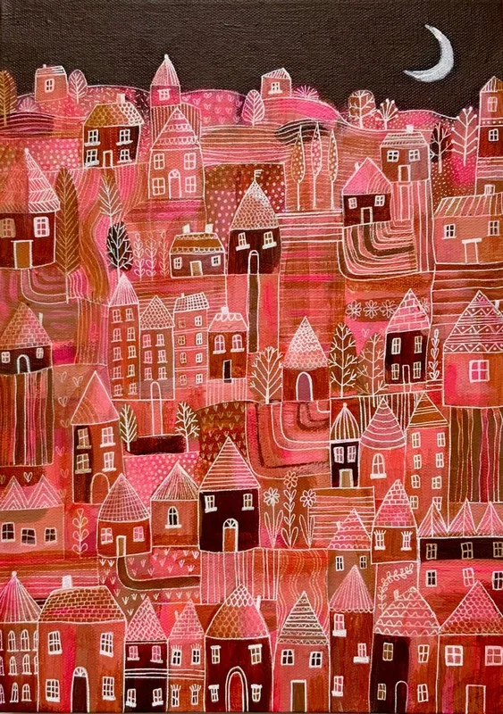 Patchwork Village, abstract townscape canvas painting (2022) Acrylic painting by Janice MacDougall