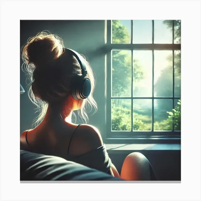 Peaceful Music Moment Wall Art: A Serene Scene of a Woman with Headphones Relaxing by a Window for Calm and Inspiring Home Decor Print Art Canvas Print by Tendancyshop