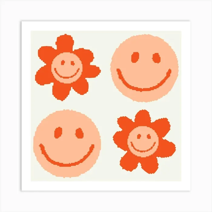 Peach Fuzz Smiley Faces, Groovy Design Art PrintT by tartagain