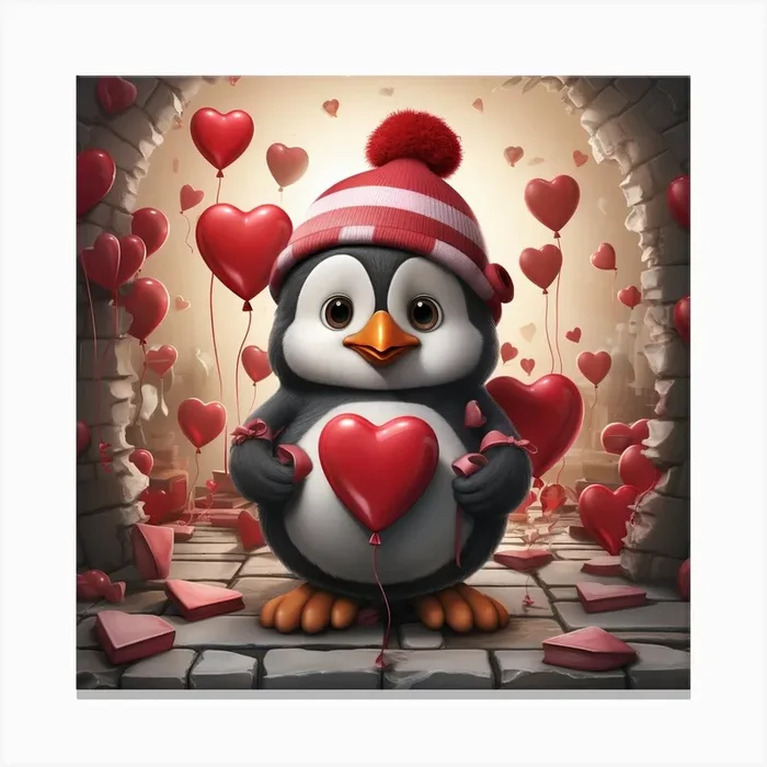 Penguin With Heart Balloons Canvas Print by nadia