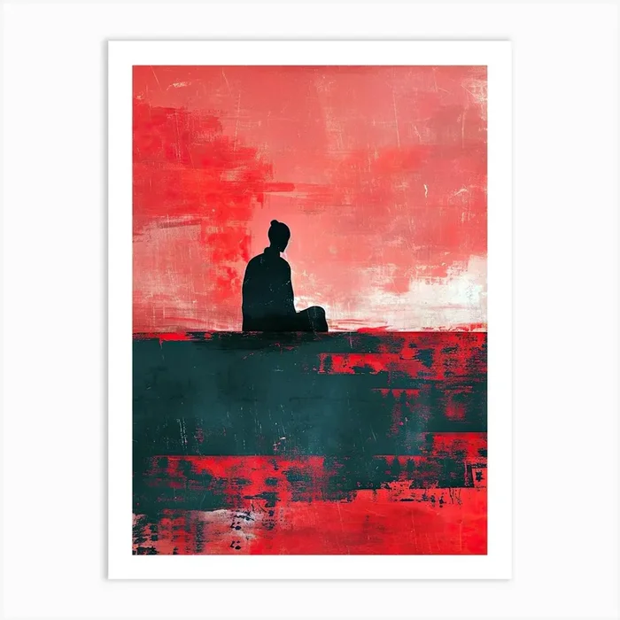 Person Sitting On A Rock, Red Minimalism Art Print by Art-Syndicate