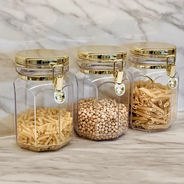 Pharaoh Large Gold Finish Octagonal Clear Acrylic Jar – Set of 3