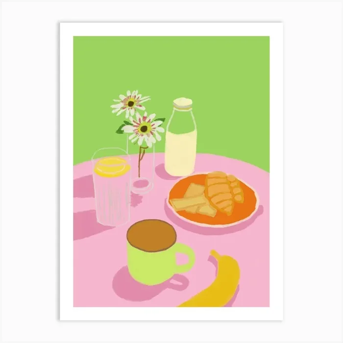 Pink and Green Still Life Croissant Coffee Poster Art PrintSW by Slow Works Atelier