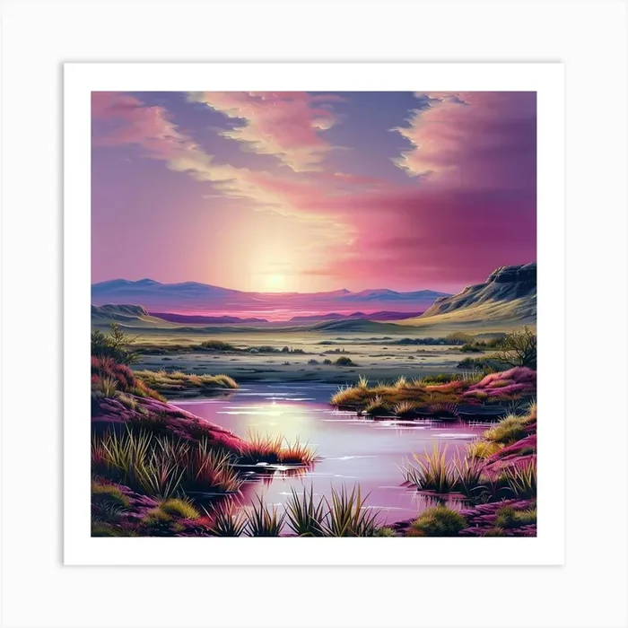 Pink Sunset Over Tranquil Waters Art Print by Lozzerly