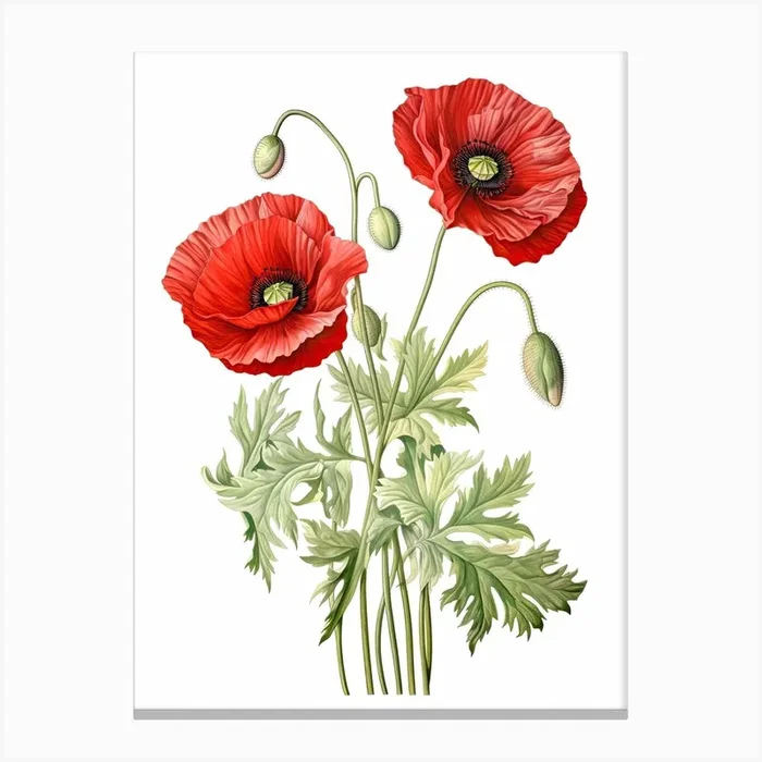 Poppies Flower Vintage Botanical 3 Canvas Print by Whimsical Meadows