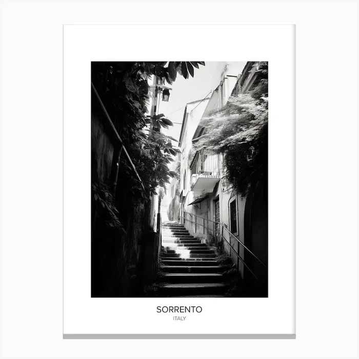 Poster Of Sorrento, Italy, Black And White Photo 2 Canvas Print by Monochrome Vistas