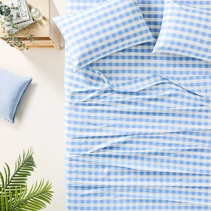 Printed Sky Blue Gingham Sheet Set