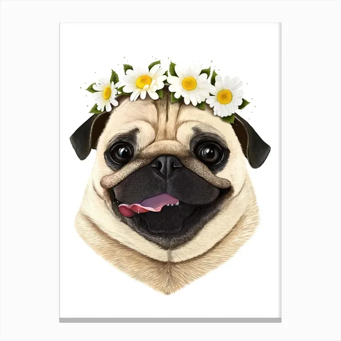 Pug With Flowers Canvas Print by Valeriya Korenkova