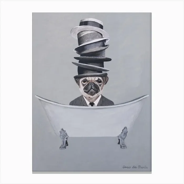 Pug With Stacked Hats In Bathtub Canvas Print by Coco Deparis