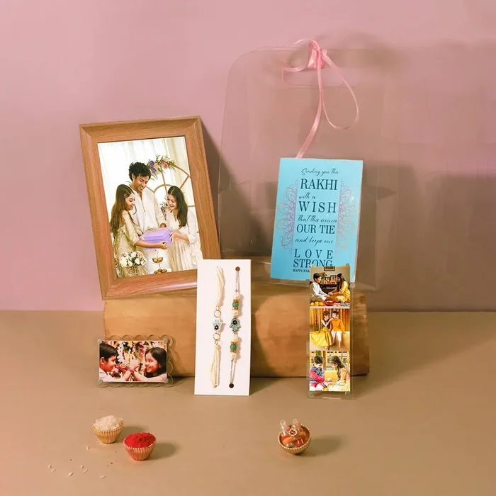 Rakshabandhan Gift Hamper for Brother and Bhabhi, Photo Frame 2 Rakhi with Chawal and Roli Gift Set for Celebrate Raksha Bandhan