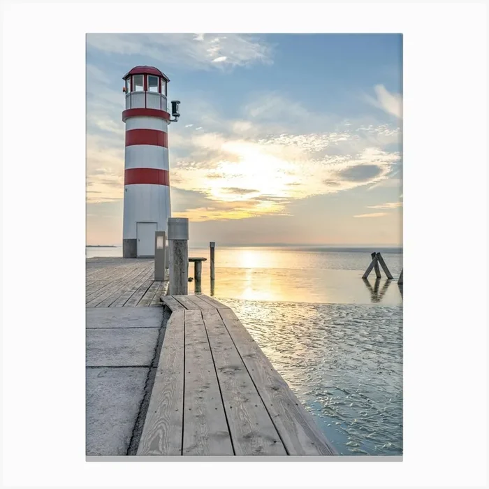 Red and White Lighthouse At Sunset Canvas PrintNR by Natasha Riha Photography