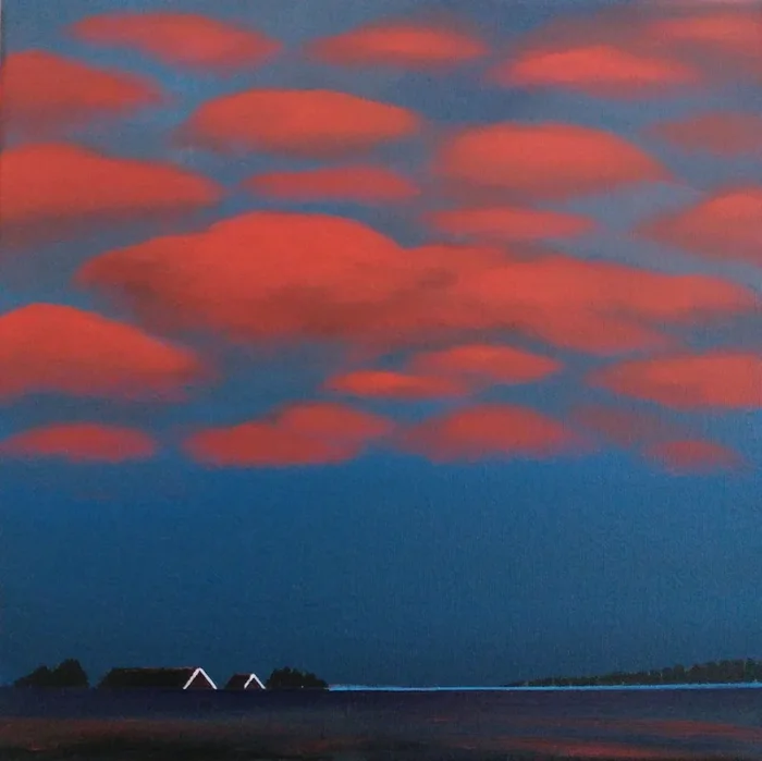 Red cloudy evening (March)(Featured) (2021) Acrylic painting by Nelly van Nieuwenhuijzen