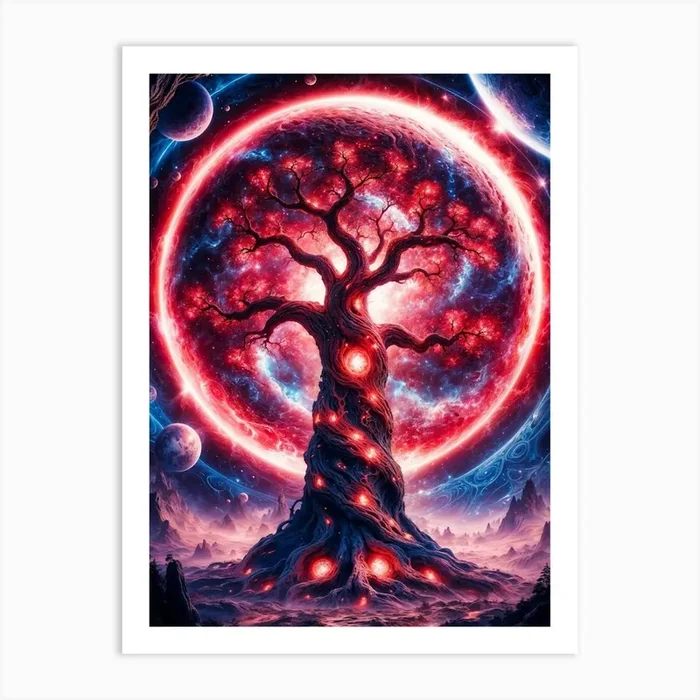 Red Fantasy Space Tree Art Print by Lootprint