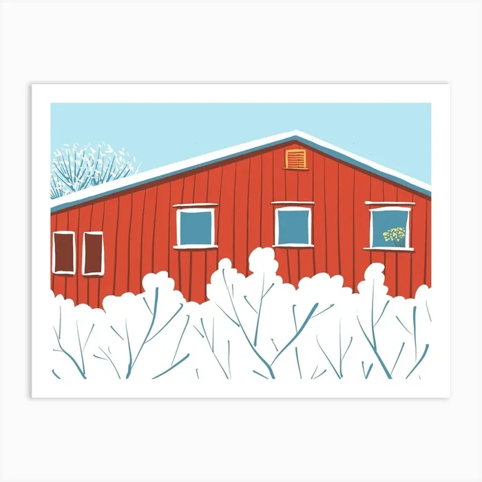 Red House In Winter Art Print by Ran Hao