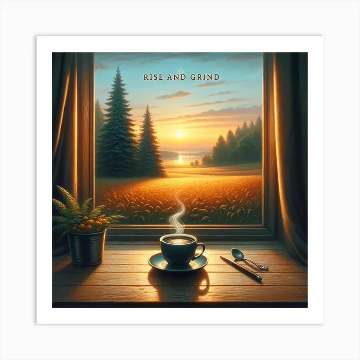 Rise And Grind Coffee Lover Wall Print Art A Peaceful And Inspiring Depiction Of The Perfect Coffee Moment, Ideal For Adding A Sense Of Tranquility And Motivation To Any Space Art Print by Tendancyshop