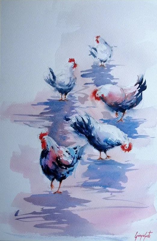 roosters and hens 5 (2024) Watercolour by Giorgio Gosti