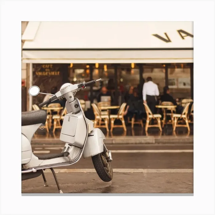 Scooter Outside A Paris Bistro Square Canvas Print by Nina’s Clicks