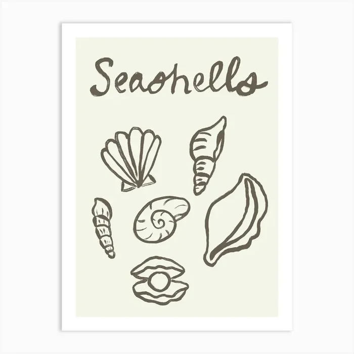 Seashell Doodles, Seashell Line Art, Minimalism Seashell Design 9 Art PrintT by tartagain