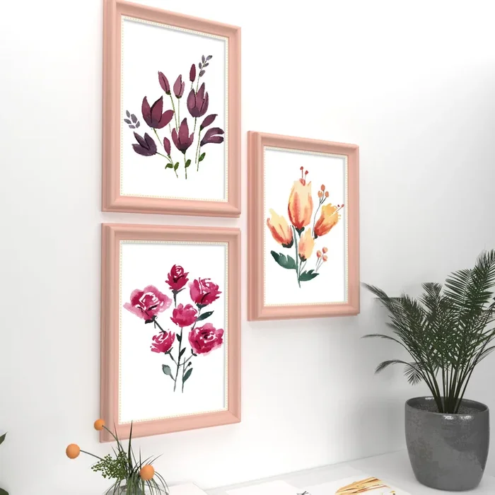 Set of 3 Wall Arts for Home Décor Pink, Violet, Peach Flowers Pink Framed Art Print Wall and Living Room Décoration (Size – 10 x 14 Inchs)