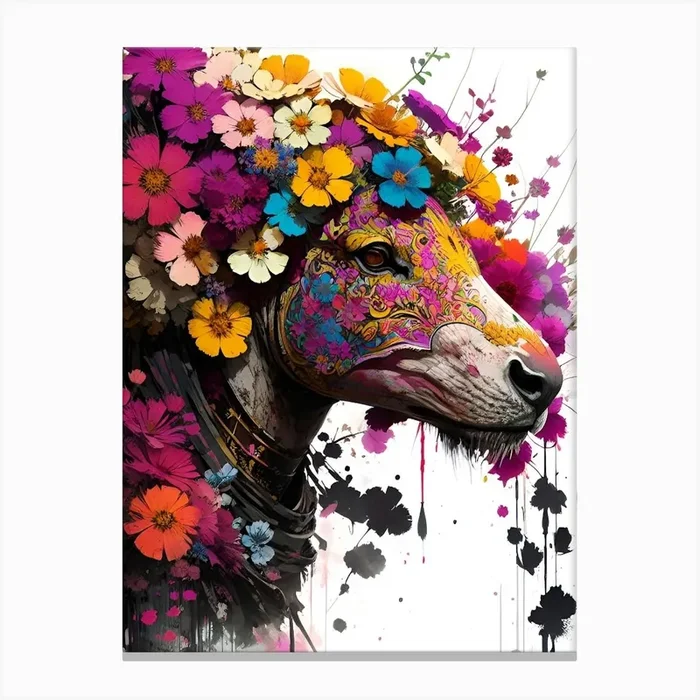Sheep With Flowers On Its Head Canvas Print by Noctarius