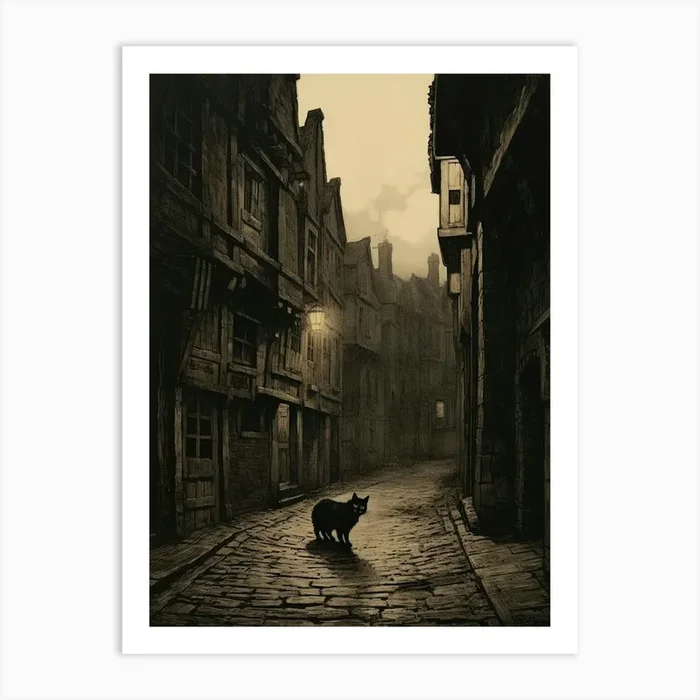 Spooky Black Cat In Smoky Medieval Street Under Spotlight Art Print by Meowsterpieces