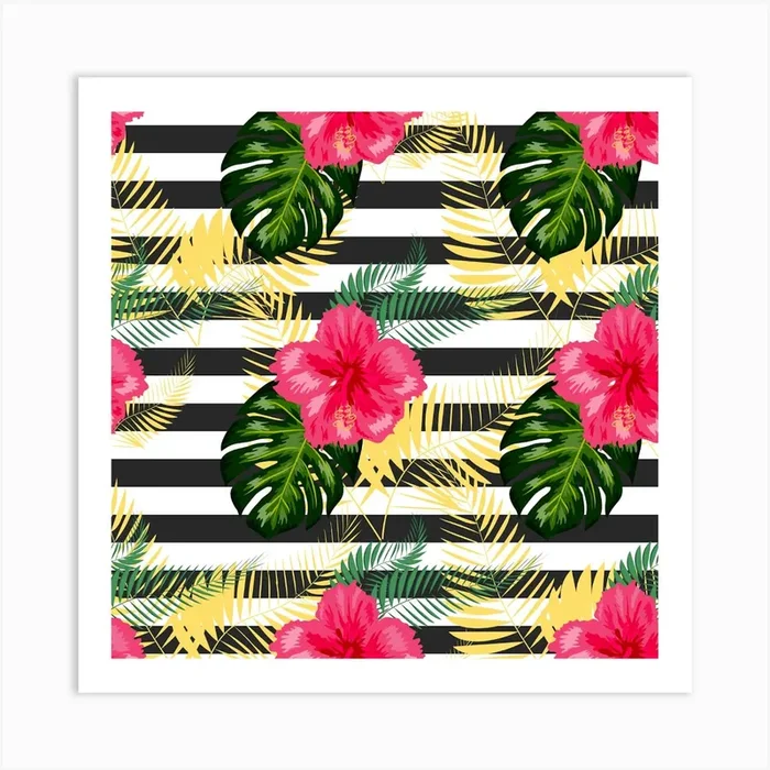 Spring Stripes Seamless Tropical Floral Pattern Art Print by Johana Artistic Whispers