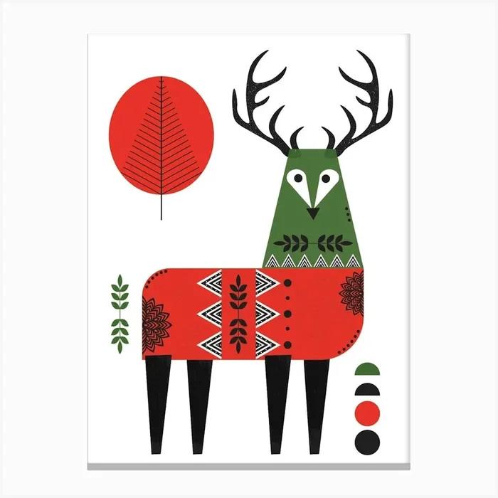 Stag Christmas Print Red Green Canvas Print by NordicDesignHouse