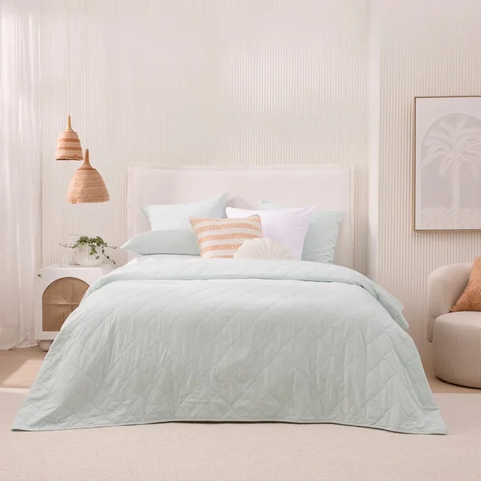 Stonewashed Cotton Chalk Blue Quilted Coverlet Separates