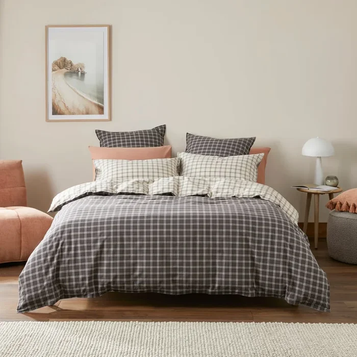 Stonewashed Cotton Charcoal Grid Quilt Cover Separates