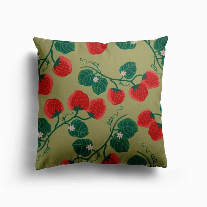 Strawberries Pattern Canvas Cushion by Disha Saini