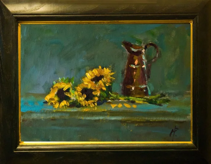 Sunflowers next to Copper Jug Oil painting by Andre Pallat
