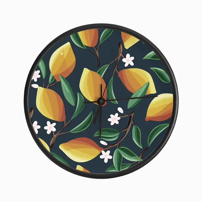 Sunny Lemon Pattern With Florals On Blue Clock by BlueLela