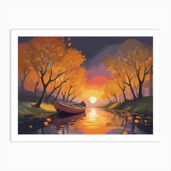 Sunset Boat On The River Art PrintN by norman