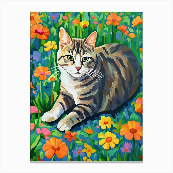 Tabby Cat With Flowers Oil Painting Canvas Print by Mambo