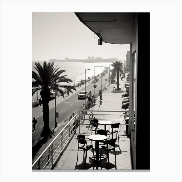 Tel Aviv, Israel, Mediterranean Black And White Photography Analogue 3 Canvas Print by Monochrome Vistas