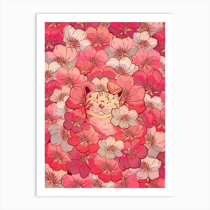 The Cherry Blossom Cat Art Print by Swadeillustrations