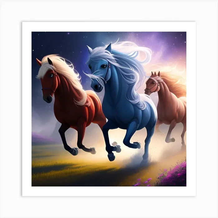 Three Horses Running In The Night Sky Art Print by MisterCastroArtistic