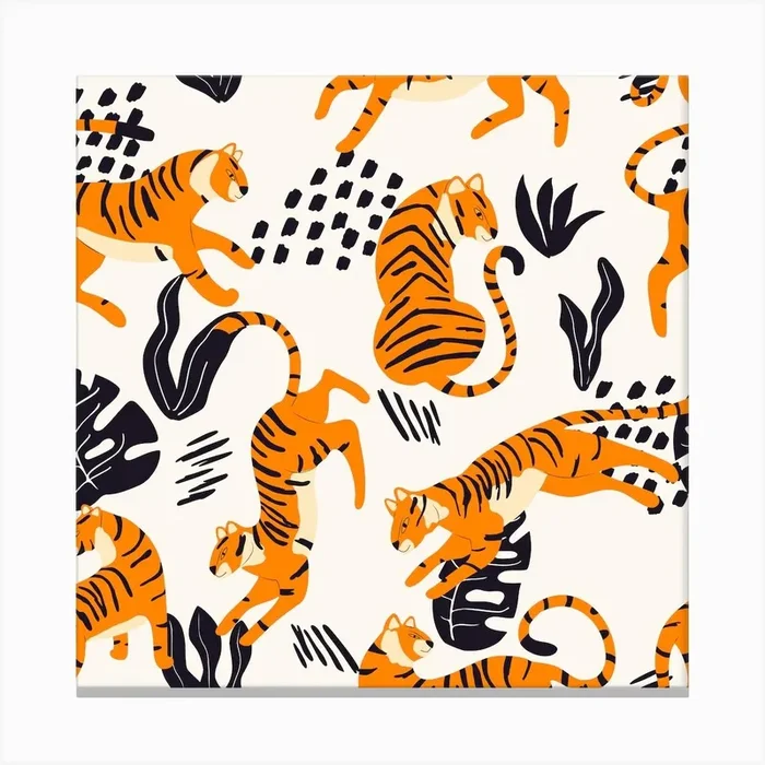 Tiger Pattern On White With Dark Tropical Leaves Decoration Square Canvas Print by BlueLela