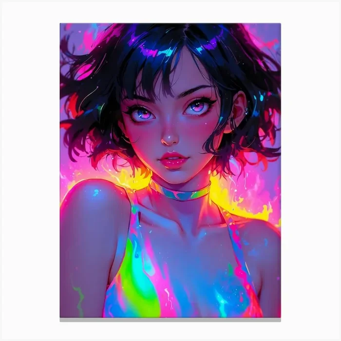 Trippy neon anime girl — a colorful psychedelic journey into a cyberpunk dreamscape, where kawaii charm meets erotic allure. Canvas Print by Lootprint