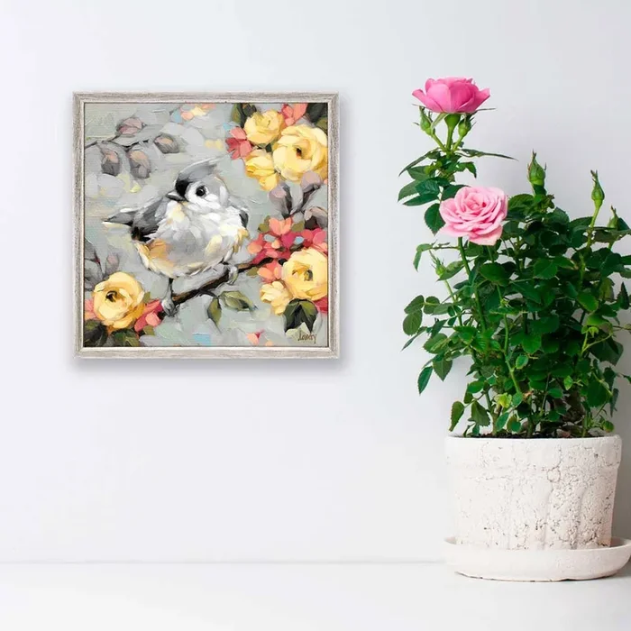 Tufted Titmouse On Gray Mini Framed Canvas
