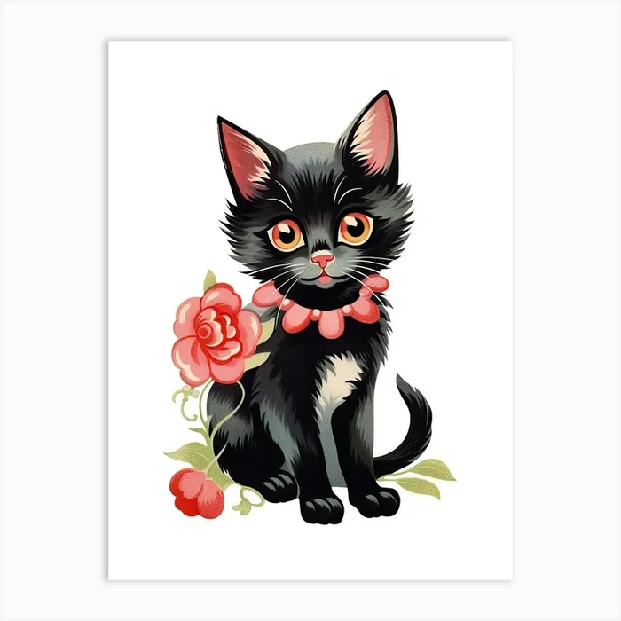 Vintage Black Cat Flowers Kitsch Art Print by Mambo