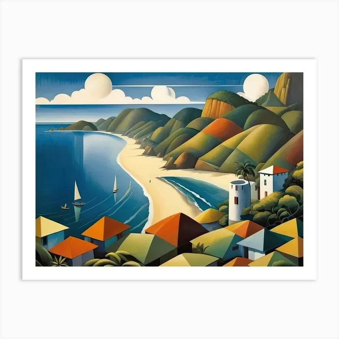 Vintage Cubist Travel Poster Maracus Bay Trinidad & Tobago Art Print by Prachodayat Artworks