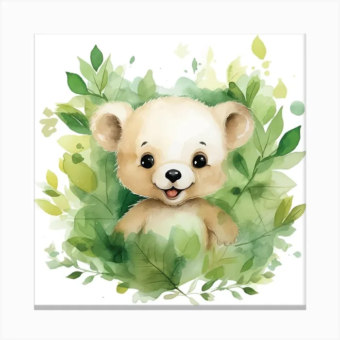 Watercolor Teddy Bear With Leaves Canvas PrintS by studio82