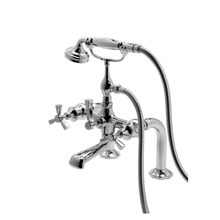 Waterworks Roadster Exposed Deck Mounted Tub Filler Handshower and Tri-spoke Handles in Brass