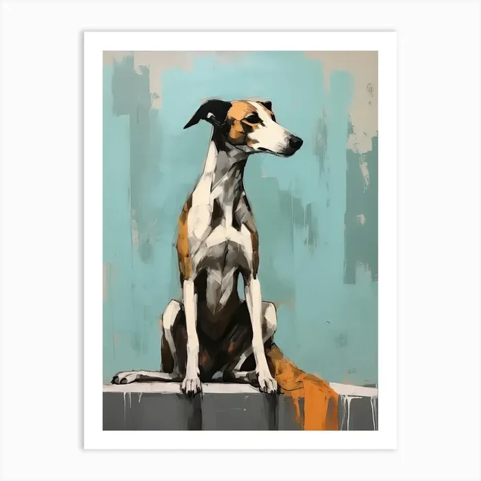 Whippet Dog, Painting In Light Teal And Brown 2 Art Print by Meowsterpieces
