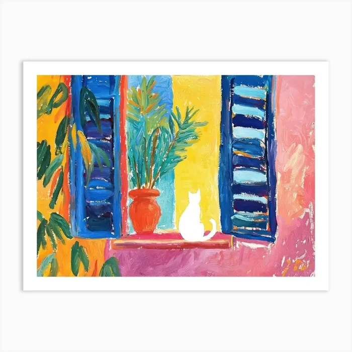 White Cat Open Window Matisse Style Landscape Art Print by Mambo