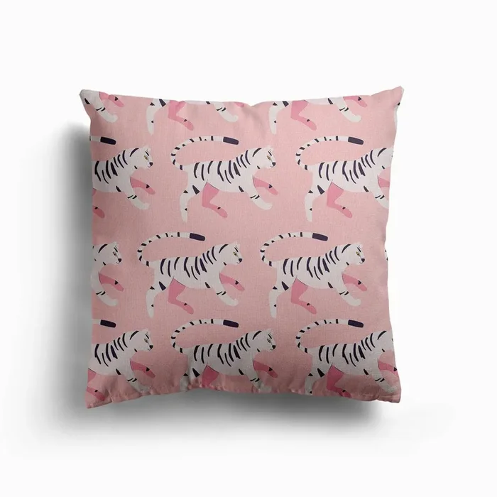 White Tiger Pattern On Pink Canvas Cushion by BlueLela