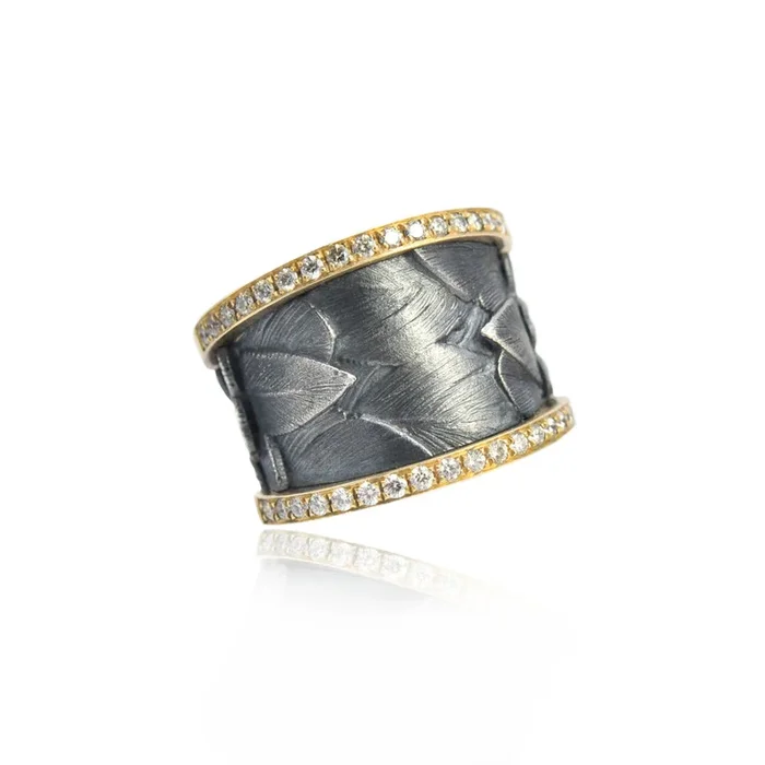 Wide Oxidized Silver Feather Ring with Diamond Sides