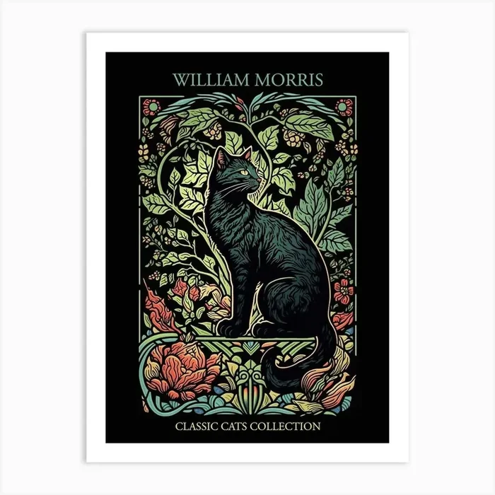 William Morris Cats Inspired Collection Black Background Stained Glass Art Print by Mambo